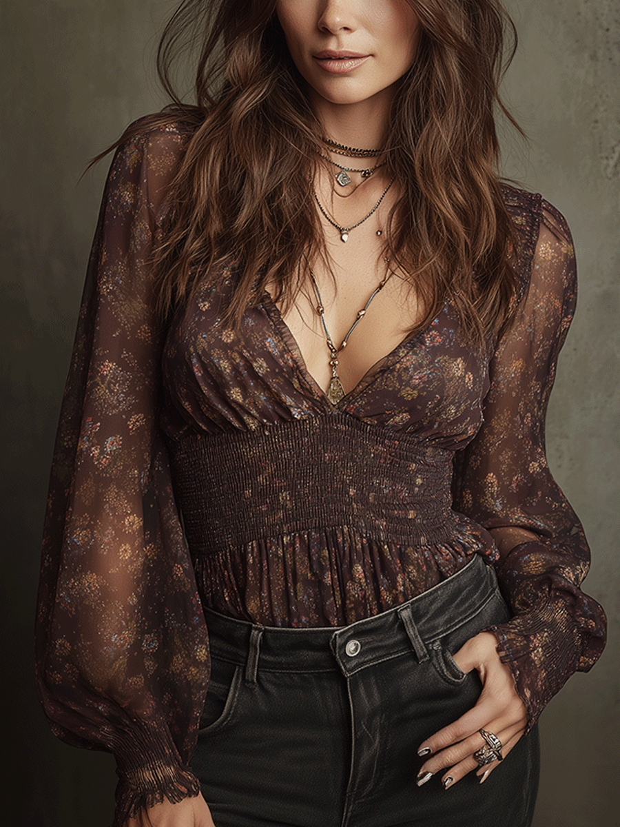 Pastoral Floral Chiffon Pleated Shirt