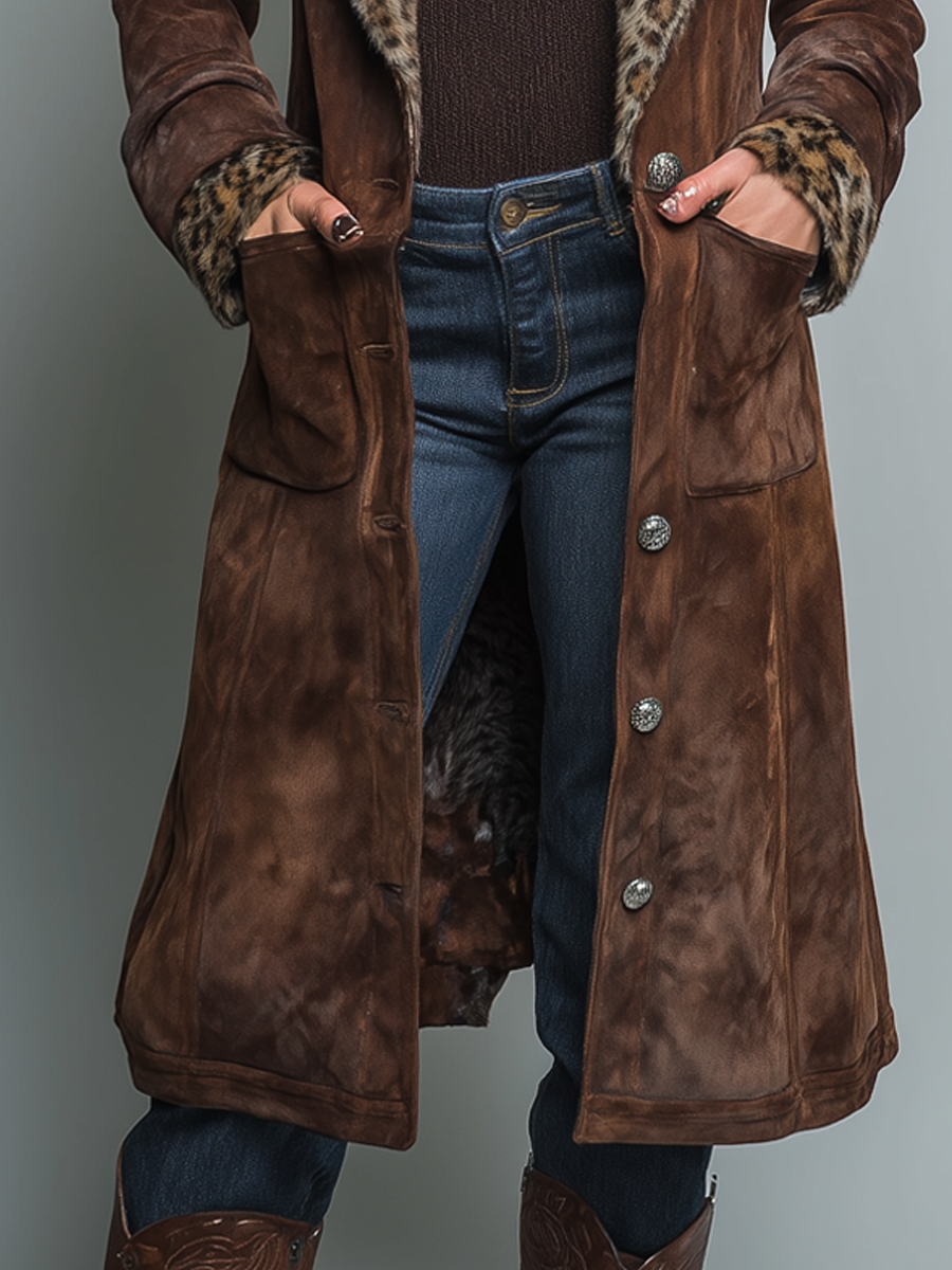 Retro Leopard Print Eco-friendly Fur Collar Polyester Suede Coat