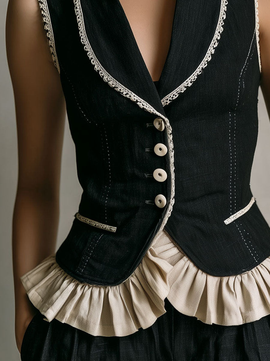 Vintage Contrast Ruffle Hem And Lace Trim Black Waistcoat