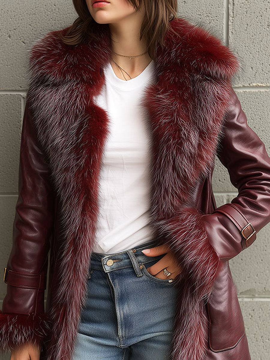 Vintage Burgundy Eco Leather Trench Coat With Eco Fur Collar & Cuffs