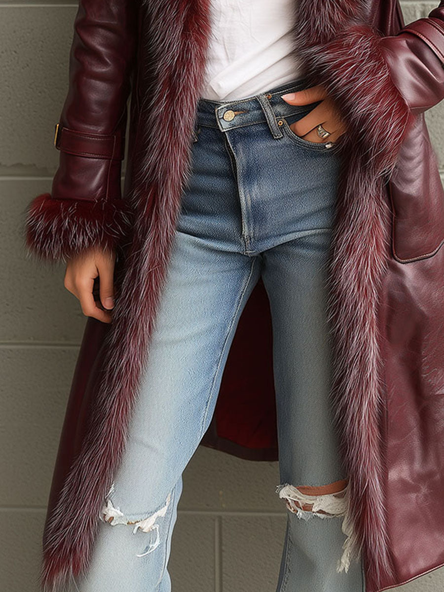 Vintage Burgundy Eco Leather Trench Coat With Eco Fur Collar & Cuffs