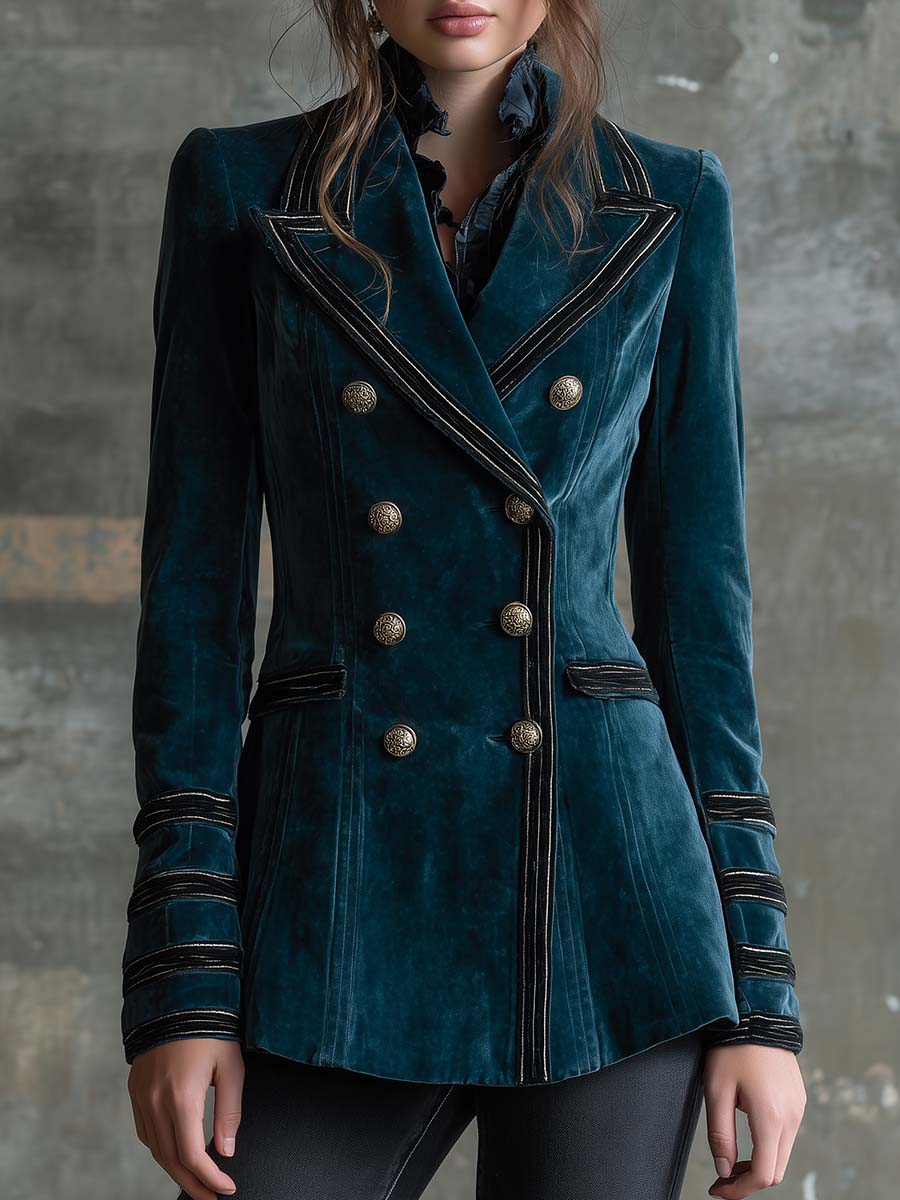 Structured Velvet Military Blazer With Contrast Trim - Dark Teal