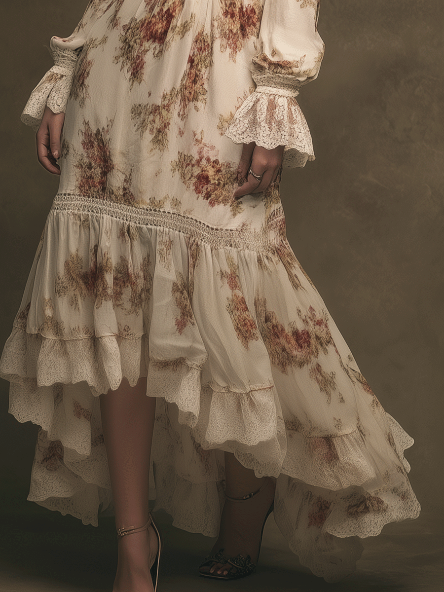 Elegant Retro Floral Tiered Ruffle V-Neck Long Sleeve Maxi Dress