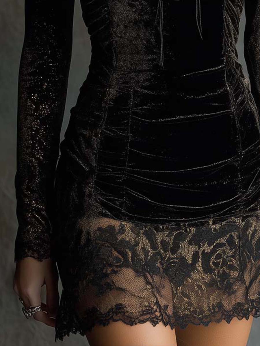 Classic Black Shimmer Velvet Lace-Trim Mini Dress