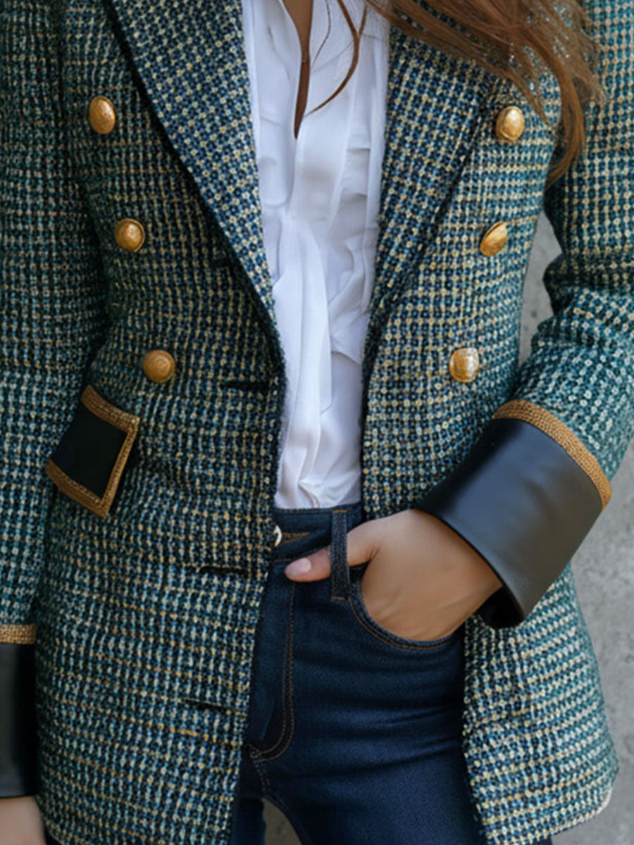 Elegant Double-Breasted Leather Trim Tweed Blazer