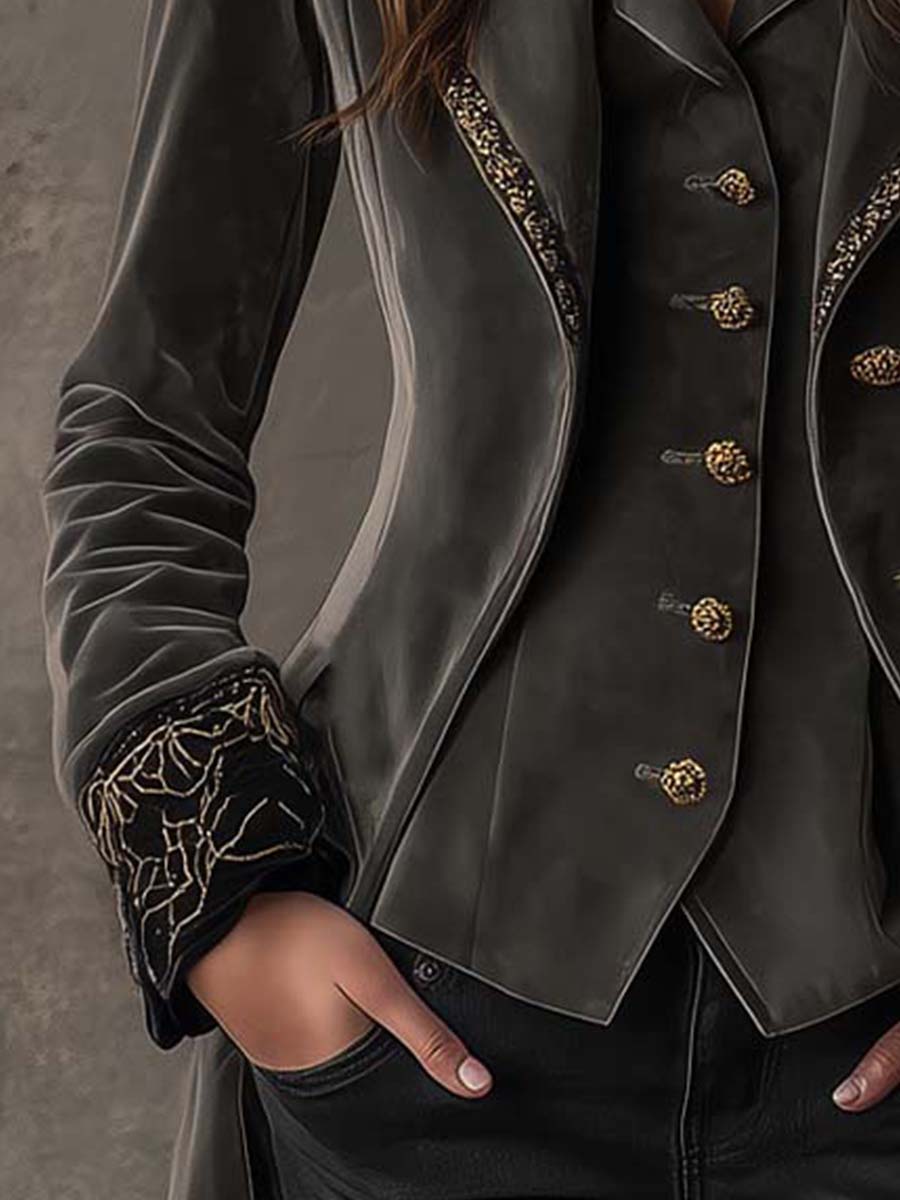 Embroidered Polyester Velvet Long Blazer
