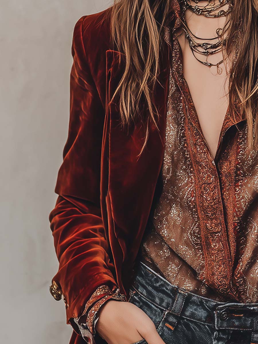Retro Burnt Red Velvet Fitted Blazer