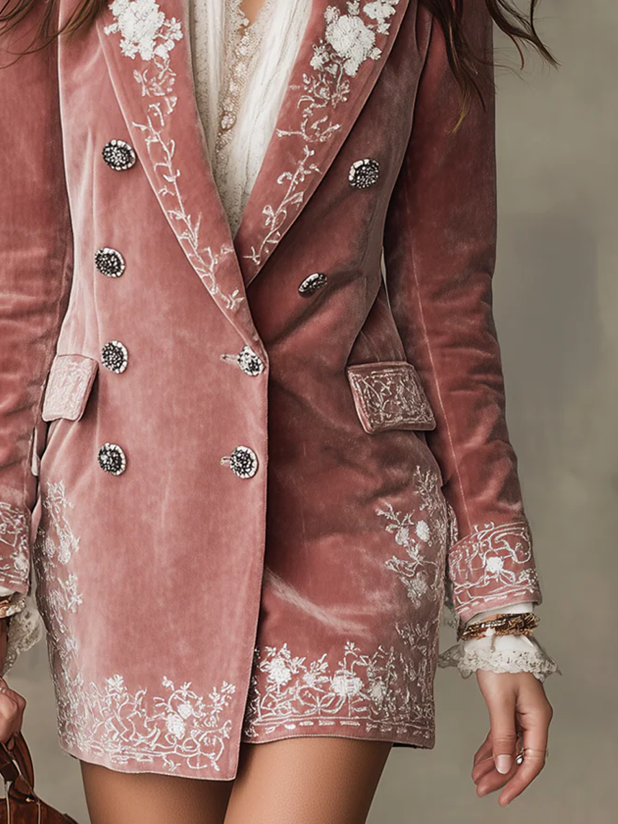 Vintage Embroidered Polyester Velvet Slim-fit Blazer Mini Dress
