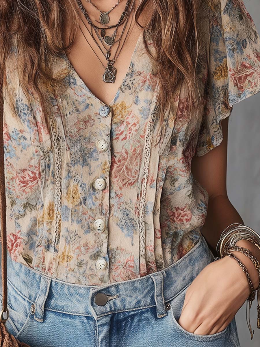 Boho Vintage Oil-Painting Style Printed Cotton-Linen Blouse