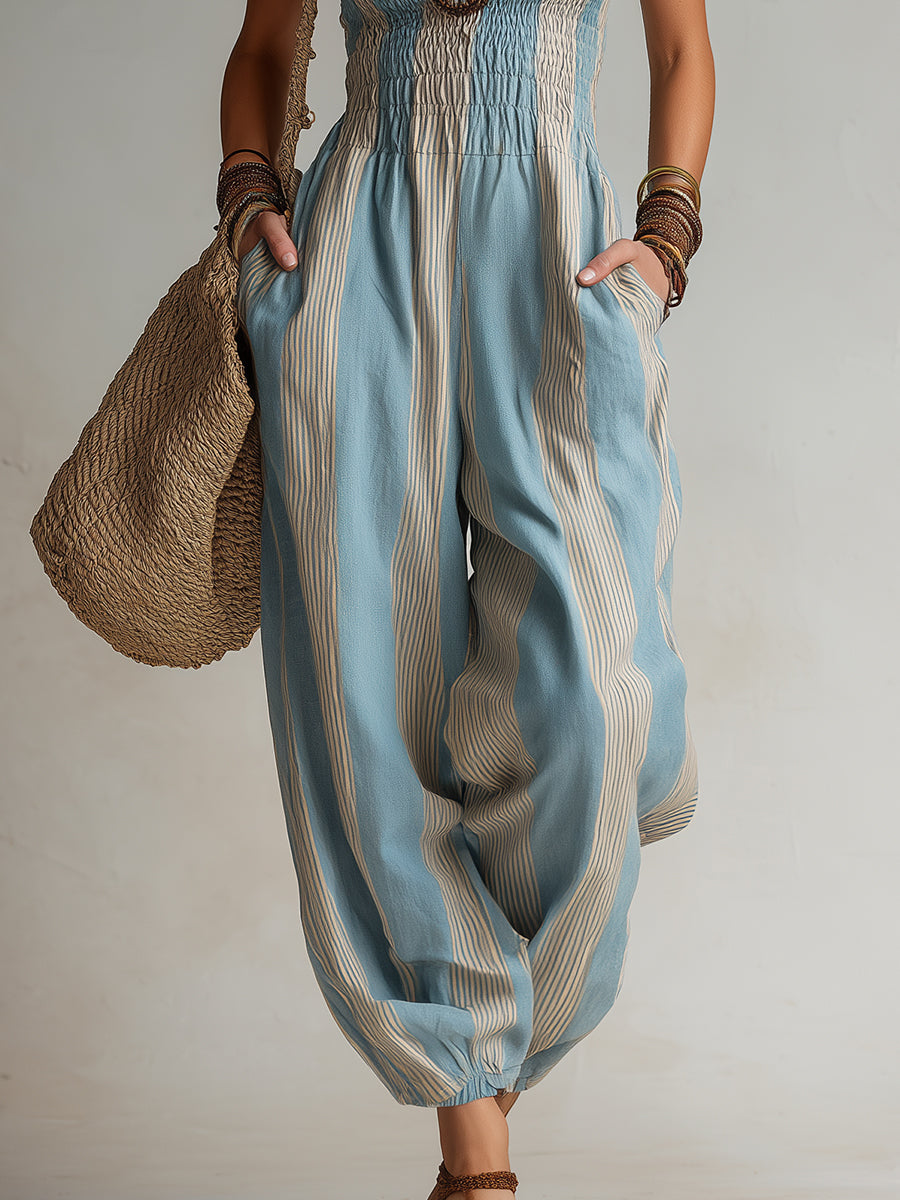 Striped Smocked Ruffled Straps Balloon Jumpsuit