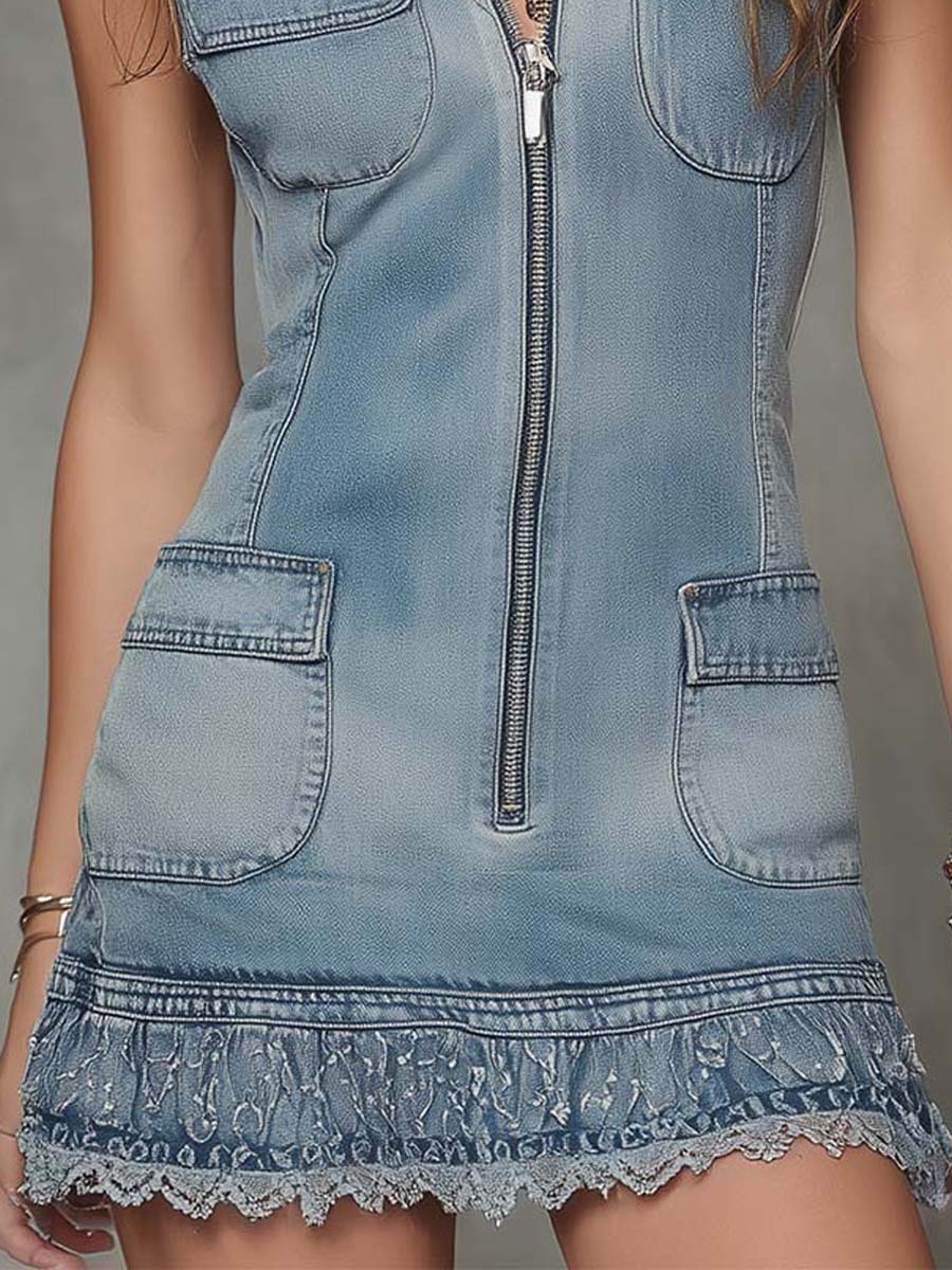 Vintage Washed Denim Sleeveless Mini Dress With Lace Trim