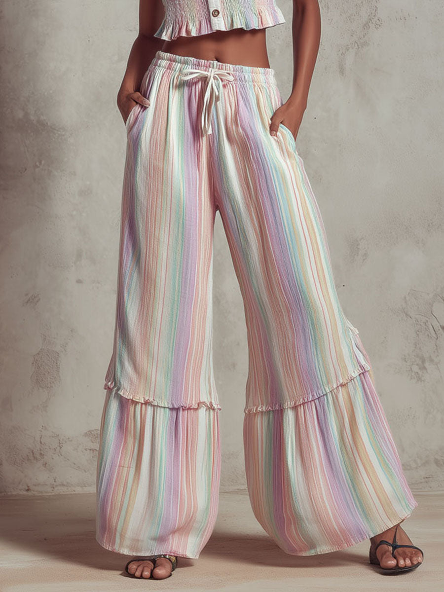 Boho Chic Pastel Striped Smocked Top & Wide-Leg Drawstring Pants Two-Piece Set