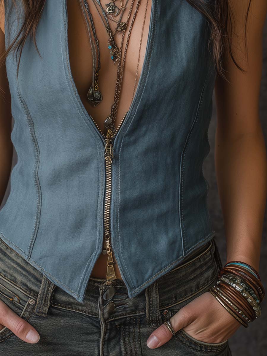Retro Zip-Collar Cotton-Linen Vest