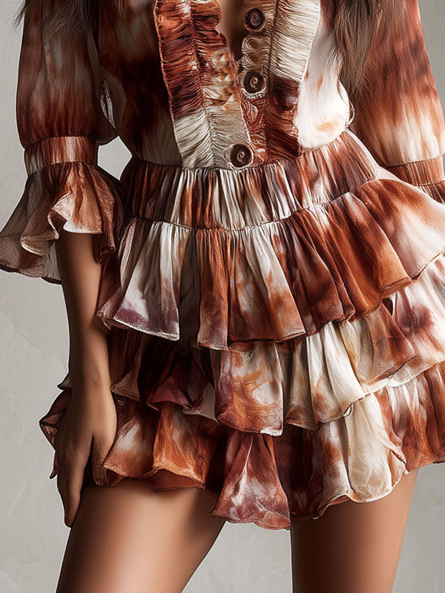Boho Rust Tie-Dye Button Front Tiered Ruffle Mini Dress