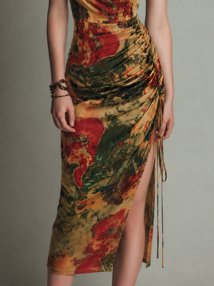 Retro-Print Cowl Neck Midi Dress With High Slit