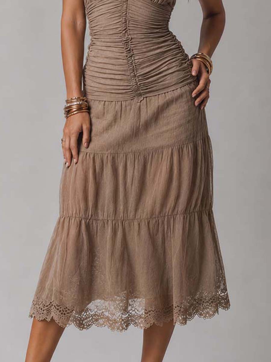 Taupe Crinkled Tencel-Linen Blend Halter Ruched Tiered Midi Dress