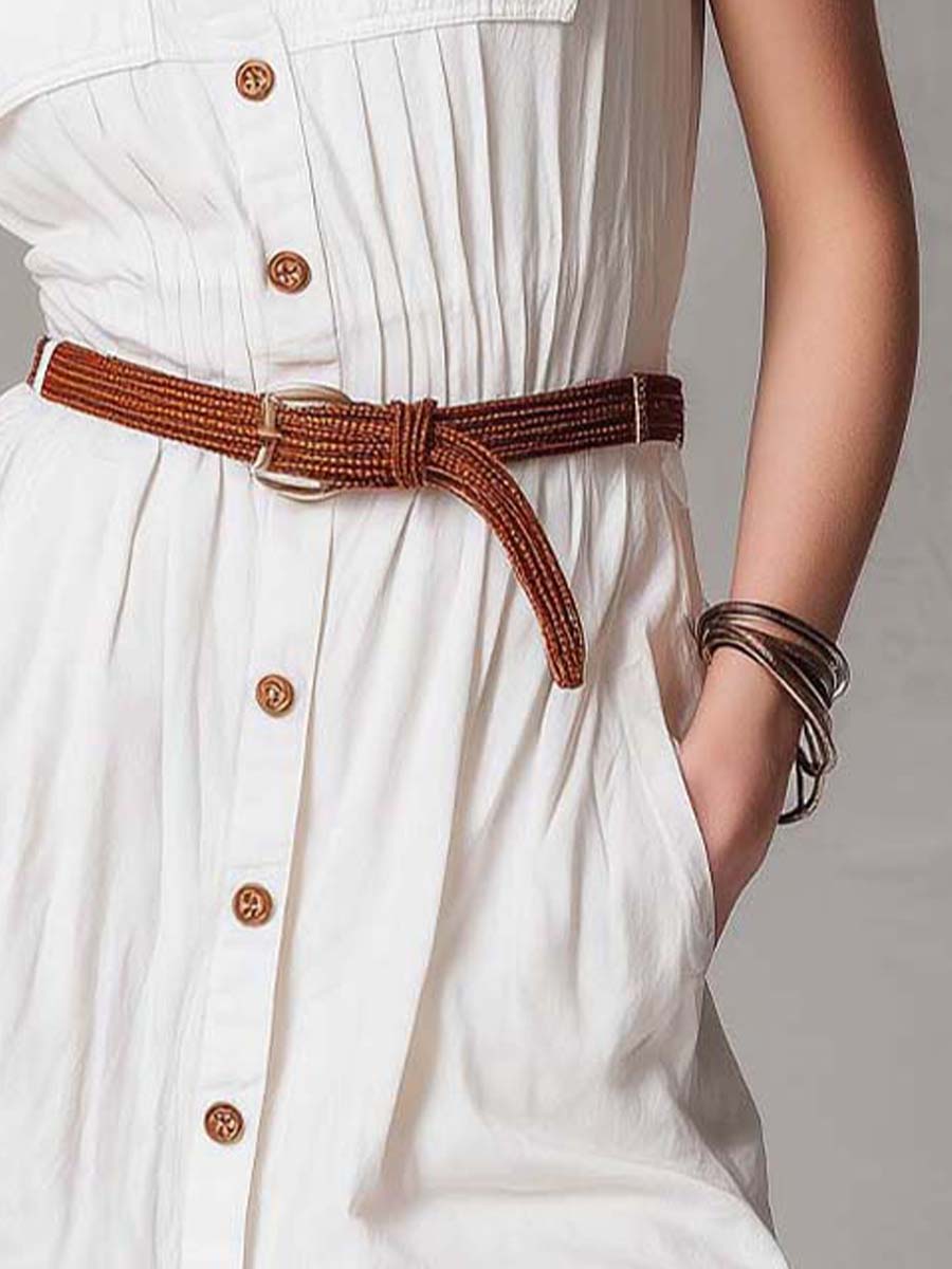 White Cotton Lace-Trimmed Sleeveless Shirtdress With Removable Belt