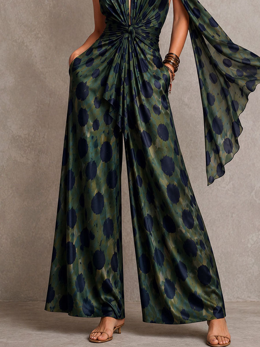 Boho Chic Olive And Navy Polka Halter Neck Scarf Satin Jumpsuit