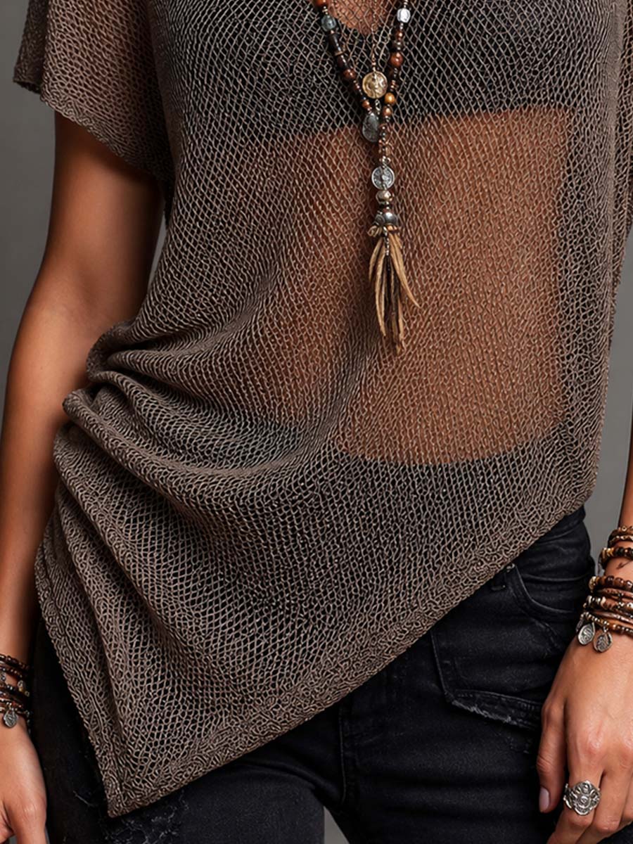 Vintage Bohemian Brown Fishnet Knit Off Shoulder Ruched Asymmetric Tunic Top