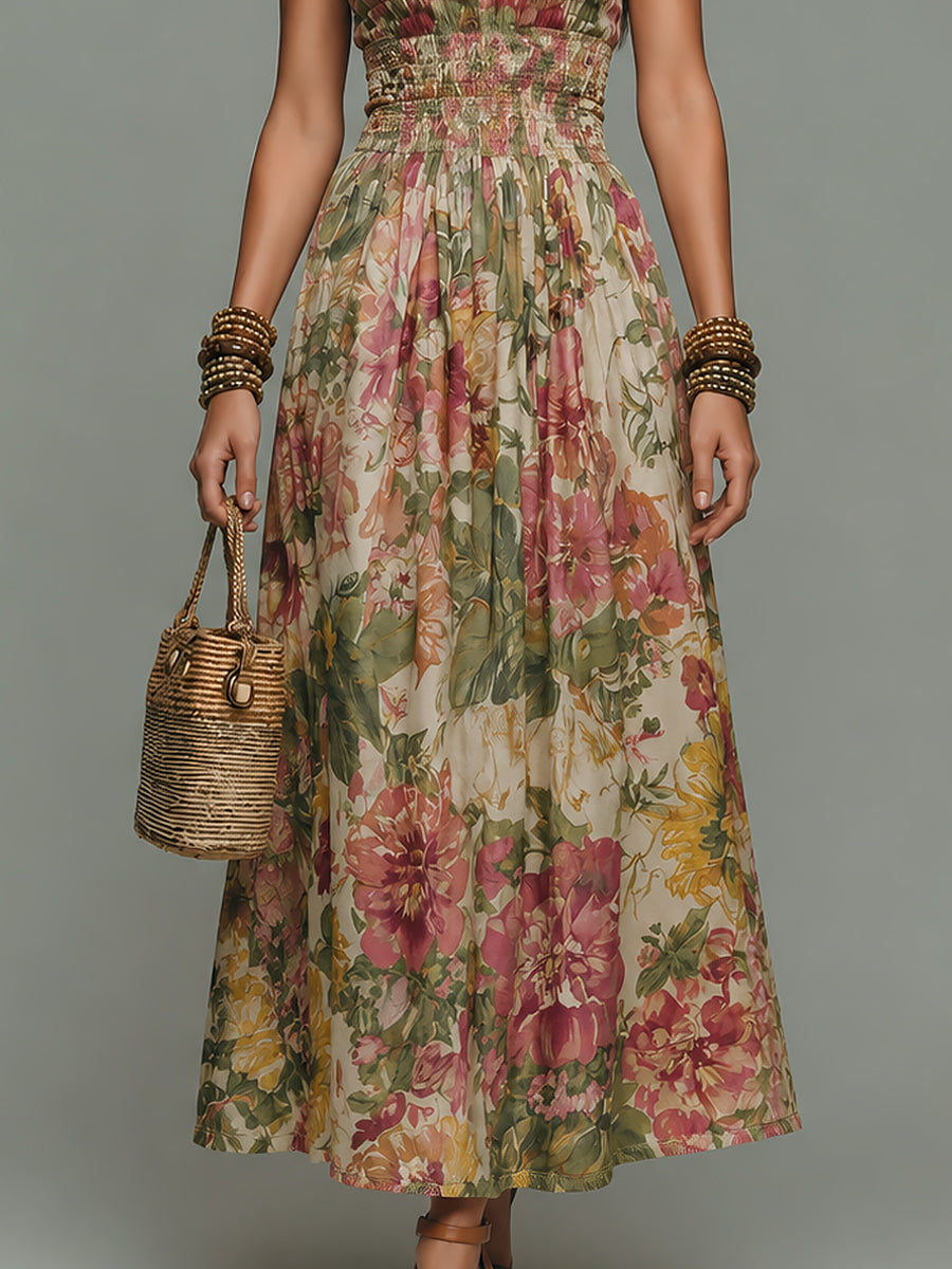 Boho Tropical Print Strapless Smocked Maxi Dress