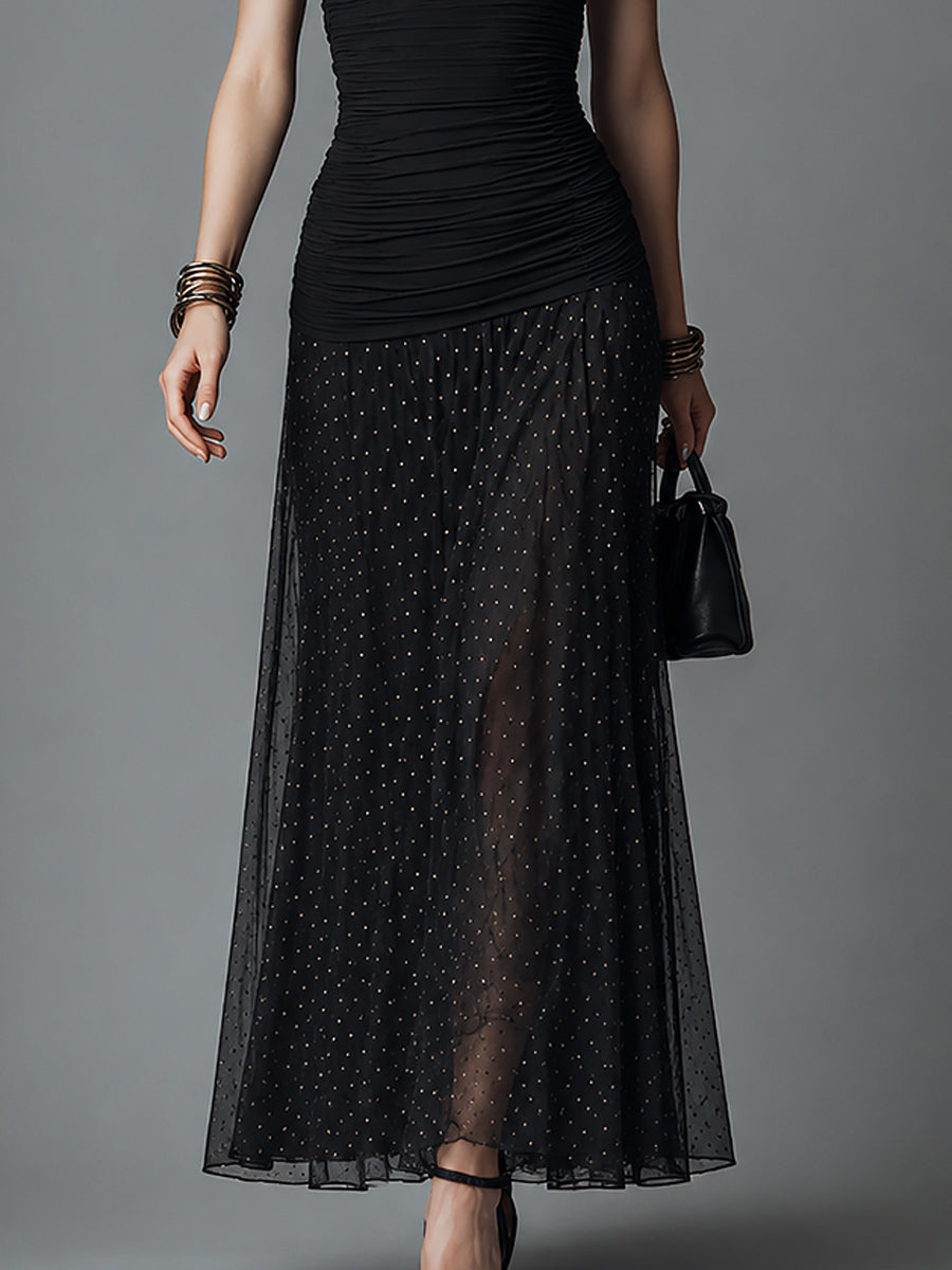 Retro Mesh-Paneled Polka-Dot Pleated Sleeveless Maxi Dress