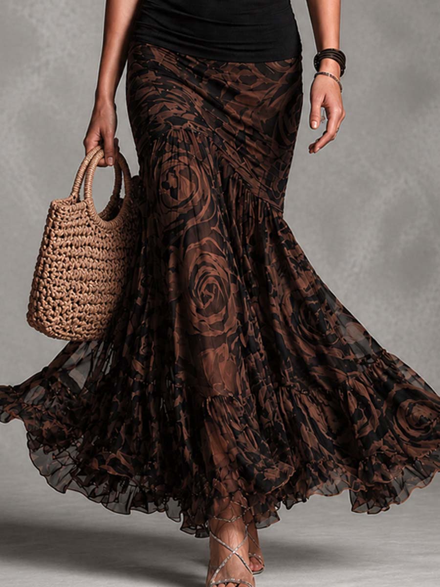 Vintage Two-Piece Rib Knit And Floral Chiffon Ruched Mermaid Maxi Dress