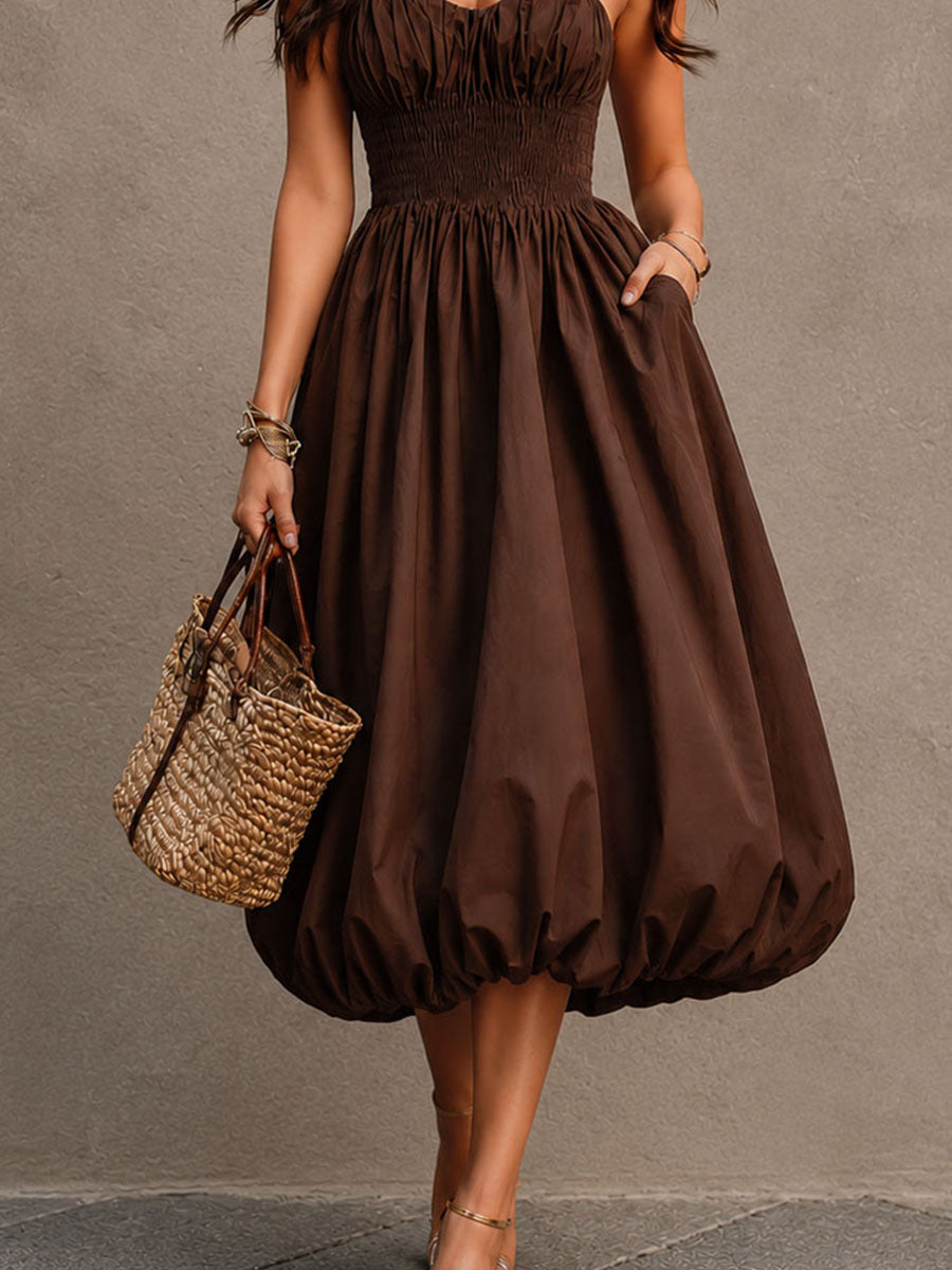 Boho Vacation Brown Smocked Bodice Bubble Midi Dress