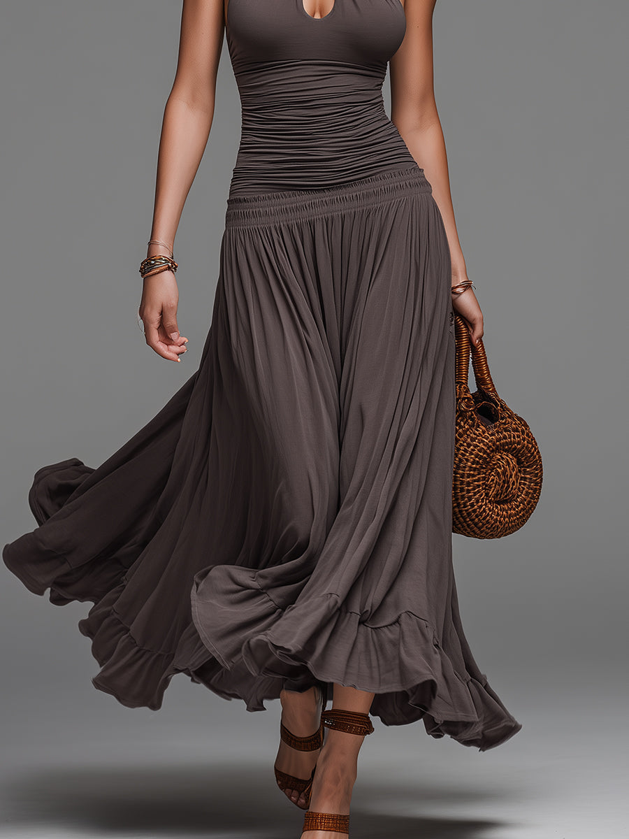 Retro Crisscross Halter-neck Maxi Dress With Ruffled Hem