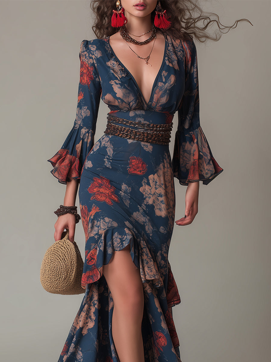 Vintage Floral Print Ruffle Trim High-low Maxi Dress