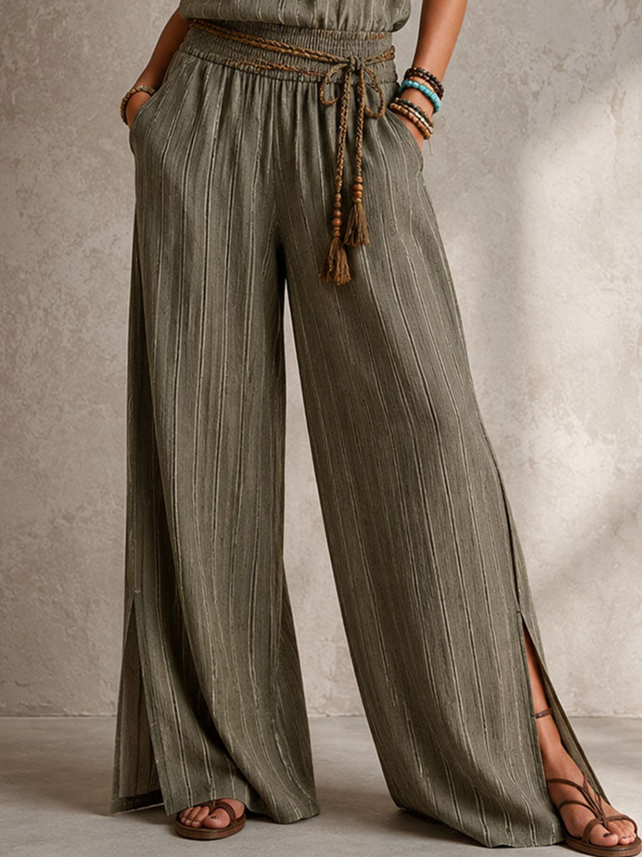 Boho Olive Stripe Halter Smocked Waist Wide-Leg Jumpsuit