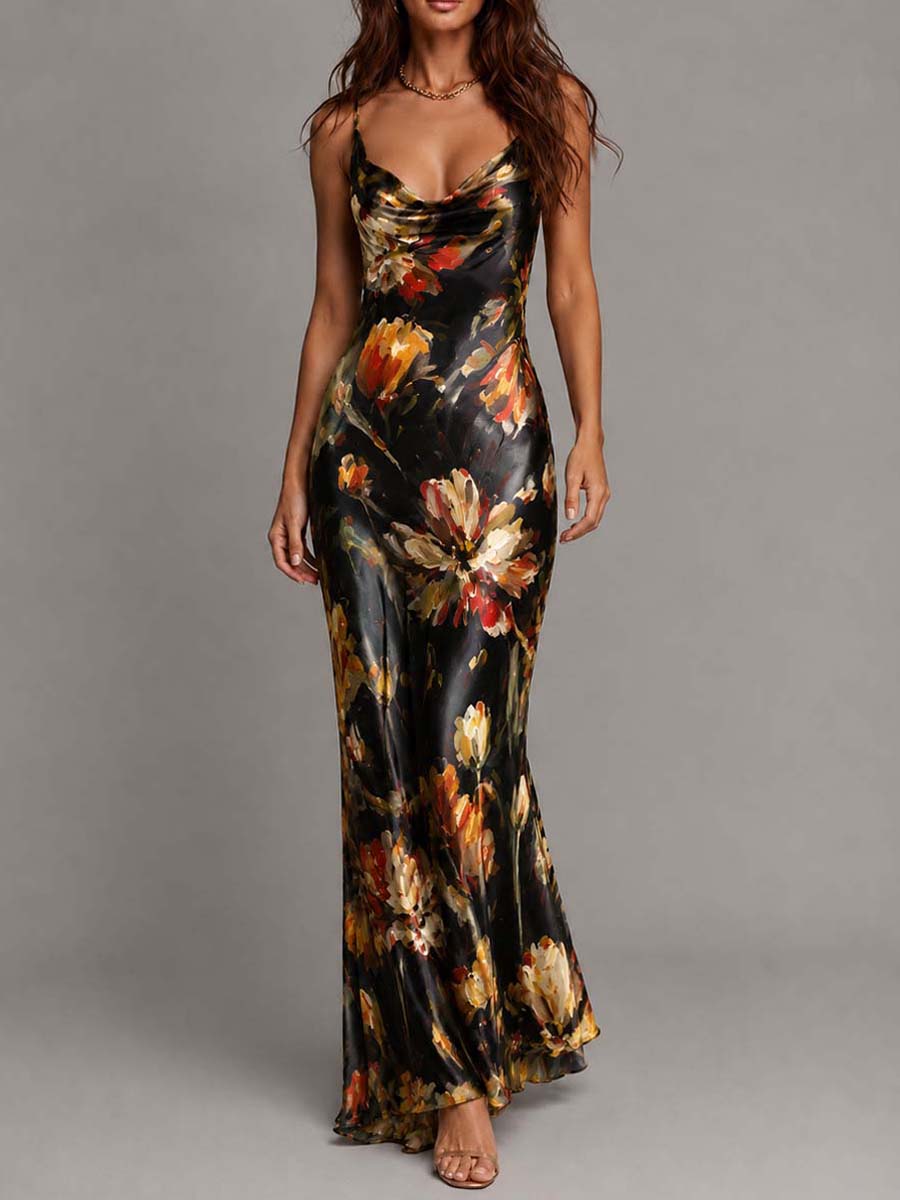 Draped Cowl Neck Floral Print Satin Mermaid Maxi Slip Dress