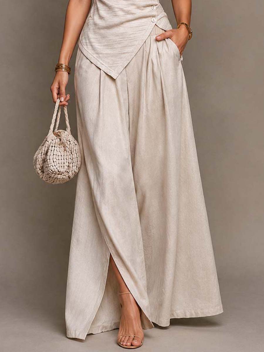 Boho Off Shoulder Ruched Button Asymmetrical Top & Split Wide Leg Pants Two Piece Set