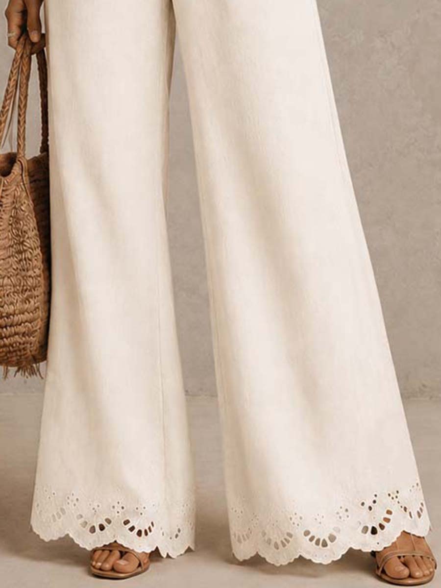Boho Eyelet Embroidery Ruffle Sleeve Linen Jumpsuit