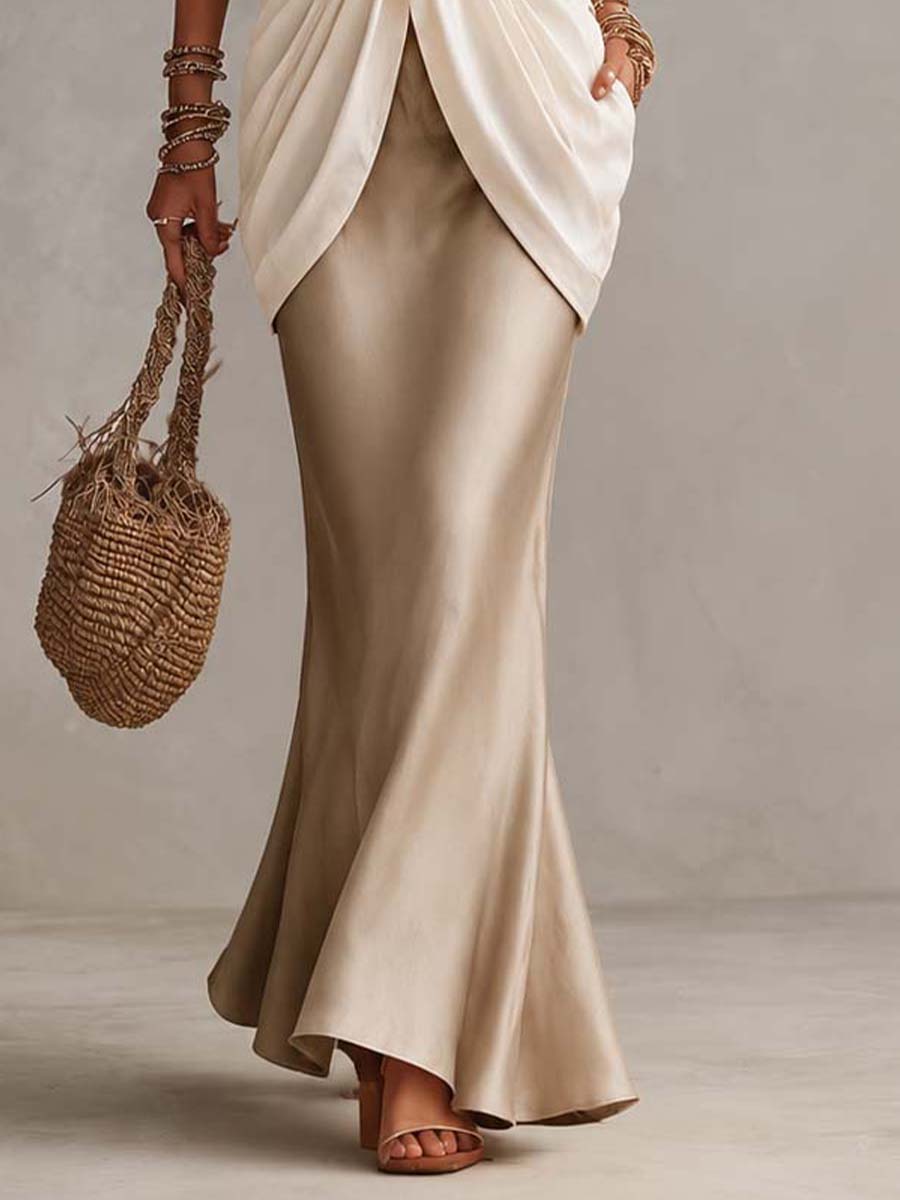 V Neck Ruffle Lace Trim Draped Overlay Satin Mermaid Maxi Dress