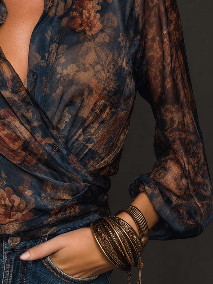 Elegant Collared Wrap-style Vintage Floral Sheer Blouse