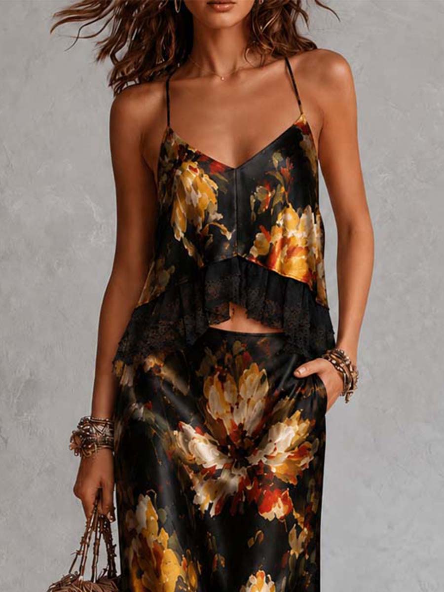 Retro V-Neck Lace Trim Floral Print Satin Cami Top & Midi Skirt Two Piece Set