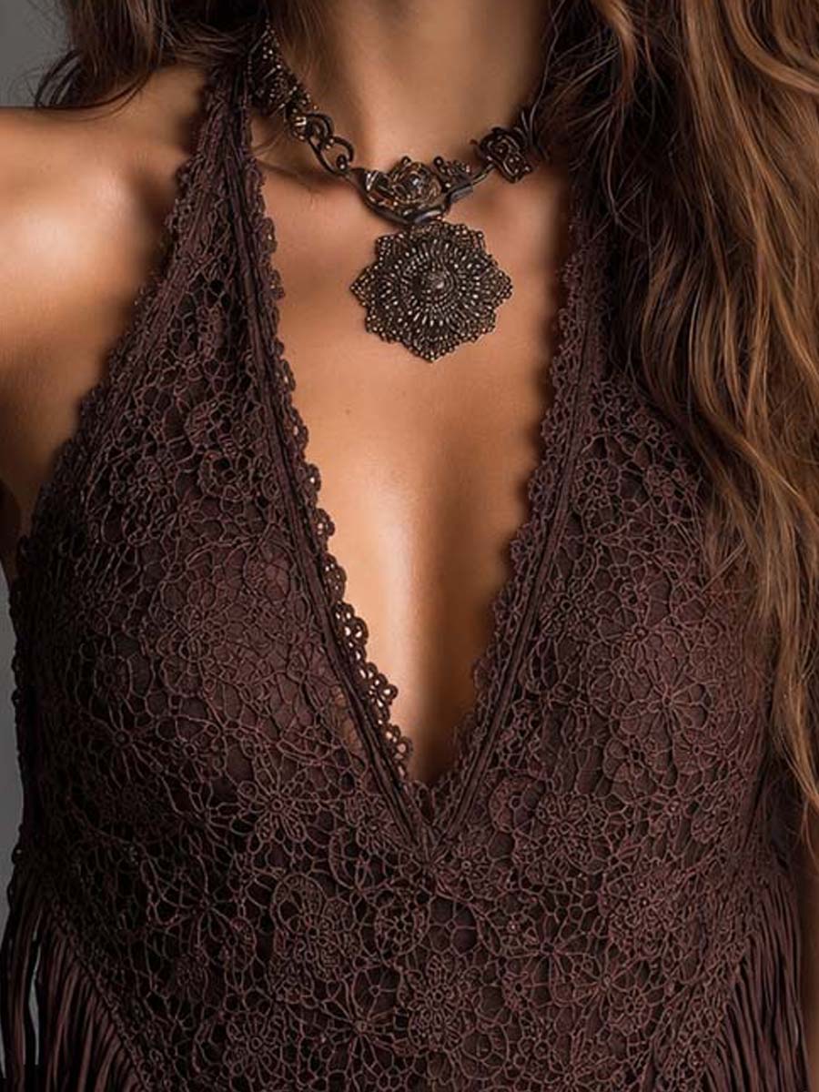 Boho Halter V Neck Lace Fringe Hem Sleeveless Crop Top