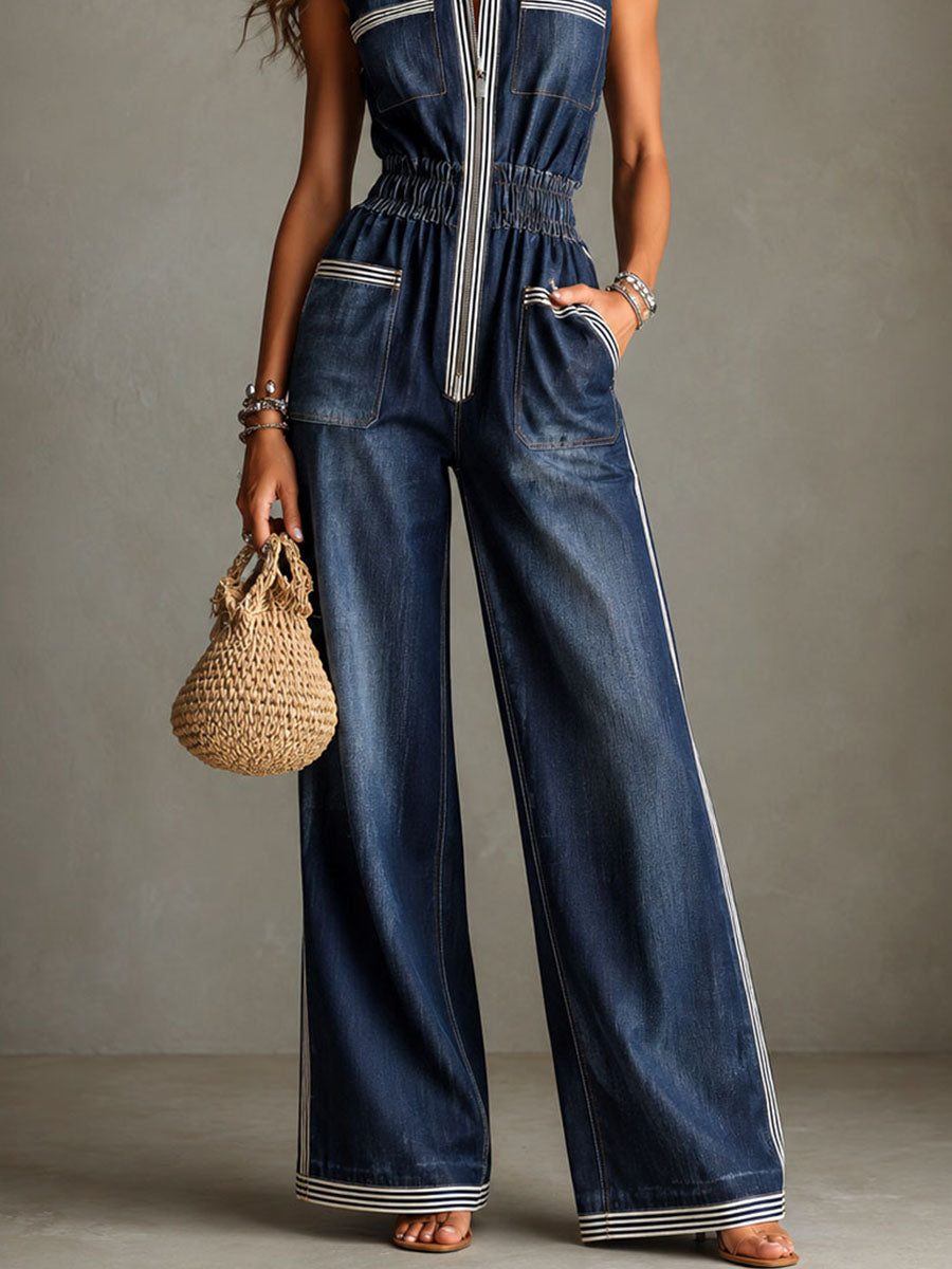 Retro Contrast Trim Denim Elastic Waist Zipper Wide-Leg Jumpsuit