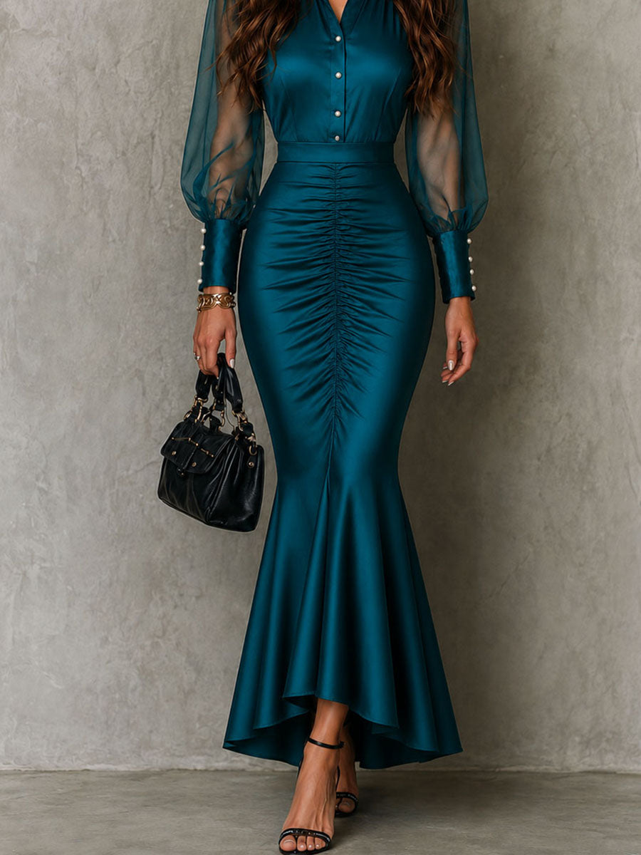 Retro Elegant Sheer Puff Sleeves Teal Satin Ruched Mermaid Maxi Dress