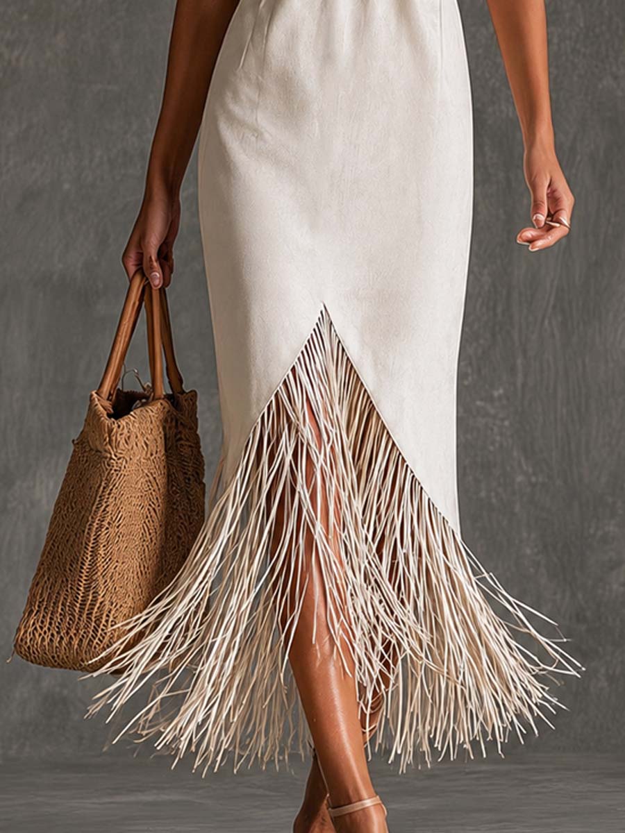 Elegant Crisscross Halter Neck Front Slit Fringe Hem Midi Dress