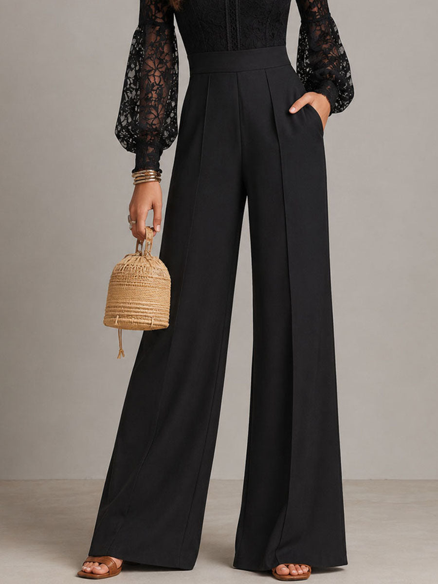 Rerto Elegant Black Lace High Neck Sheer Lace Balloon Sleeves Wide-Leg Jumpsuit