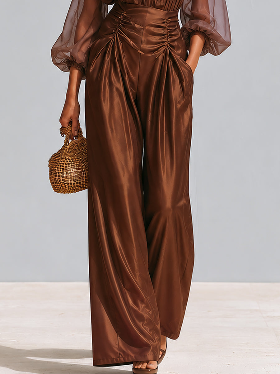 Boho Chiffon Lantern-sleeve Blouse & Pleated Wide-leg Pants Set