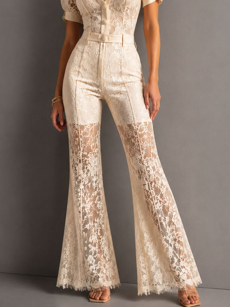 Retro Elegant Cream Lace Puff Sleeves Flare Legs Jumpsuit