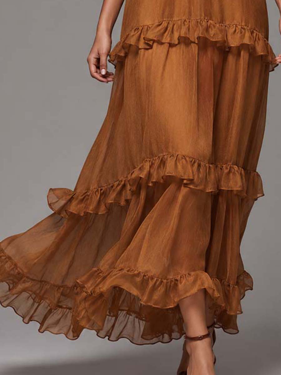 Boho Knotted Halter Tencel-linen Blend Tiered Ruffle Maxi Dress