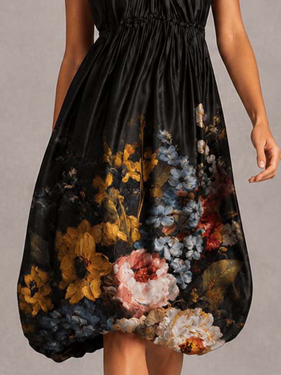 Romantic Knotted Halter Oil Painting-style Floral Print Satin Midi Dress