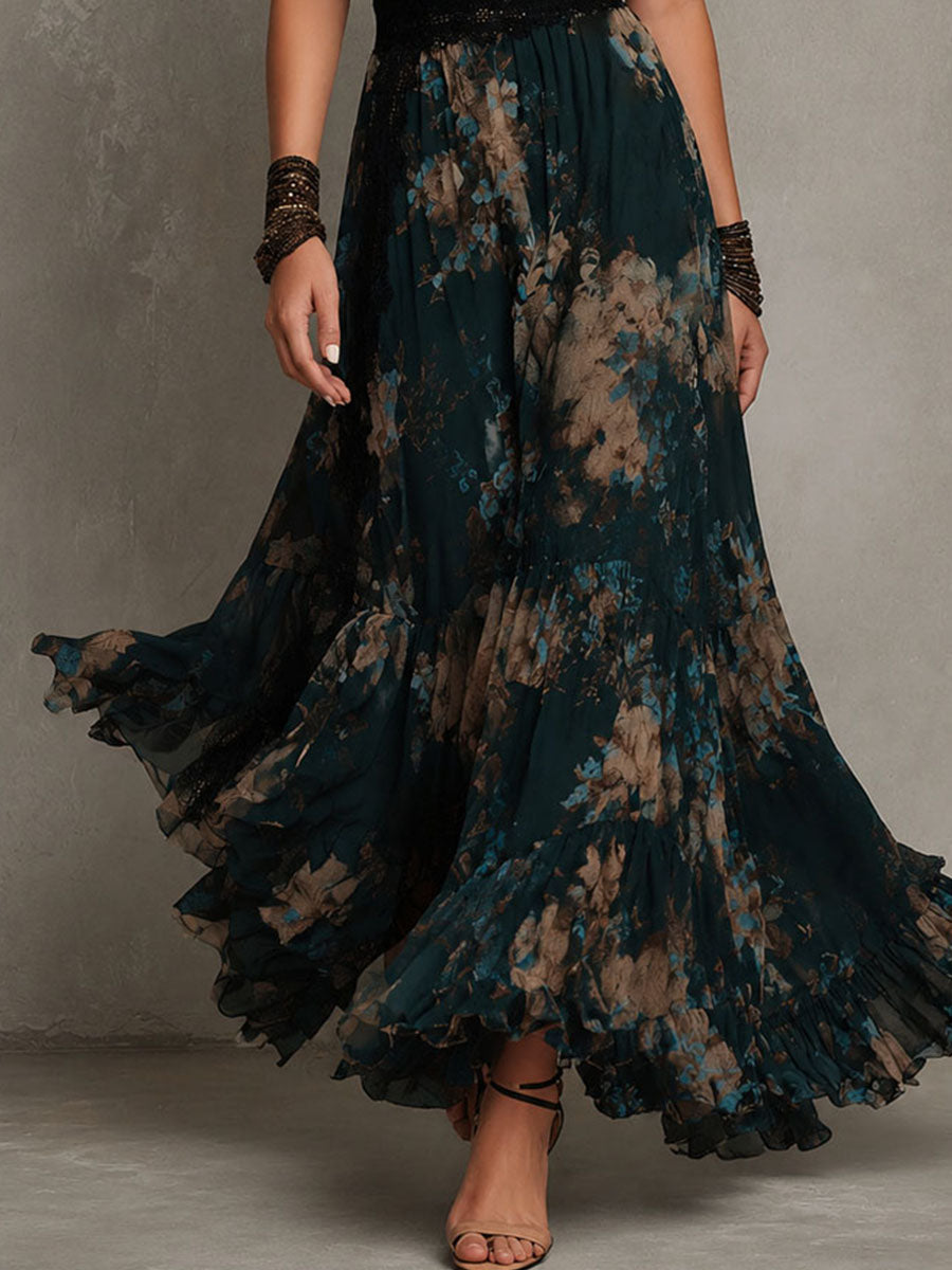 Vacation Boho Dark Floral Chiffon Maxi Dress With Lace Trim