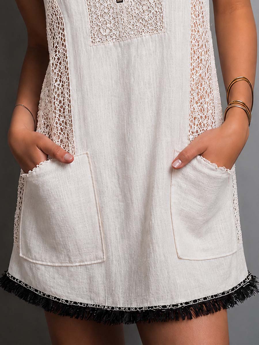 Boho Lace Panel Linen Fringe Hem Sleeveless Mini Dress