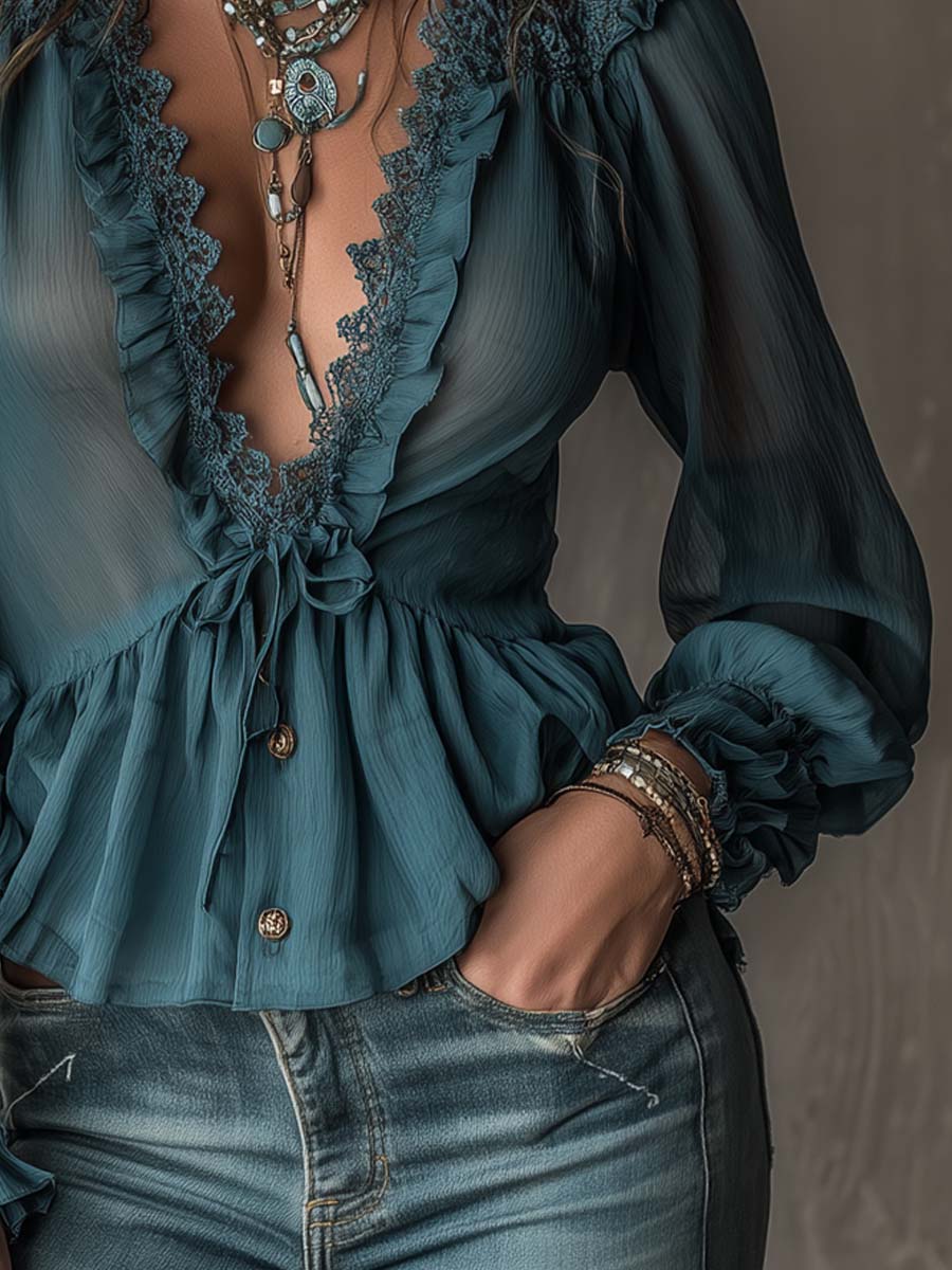 Retro Ruffled Lace Trim Chiffon Blouse