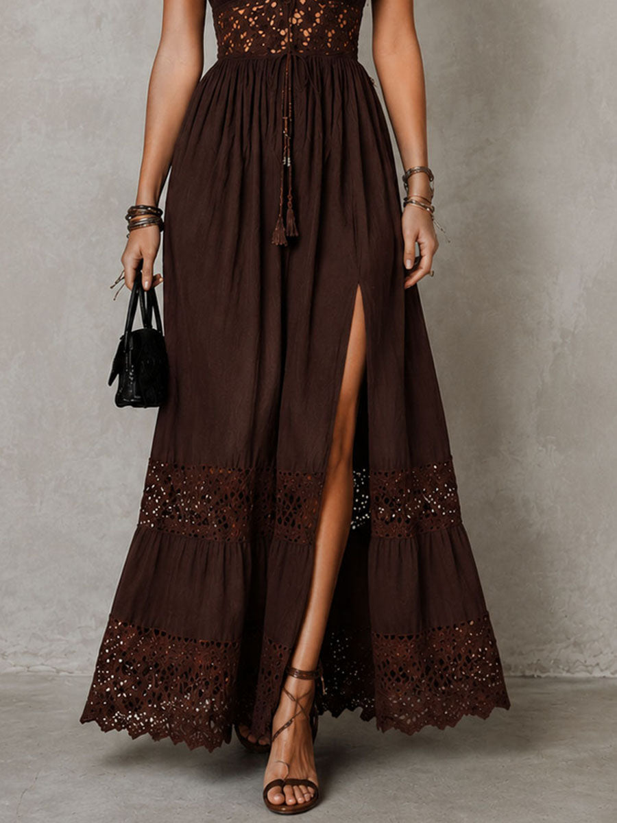Boho Chocolate Brown Crochet Lace Front Slit Maxi Dress
