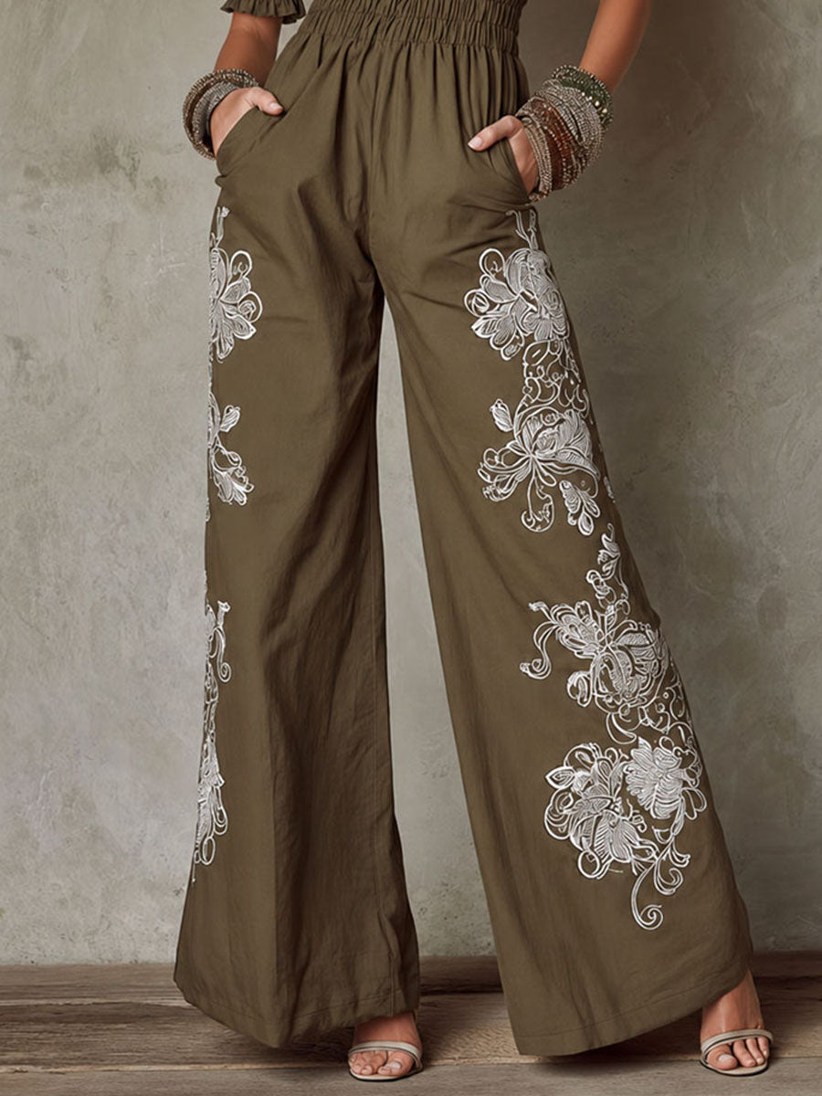 Boho Olive Green Smocked Embroidered Wide-Leg Jumpsuit